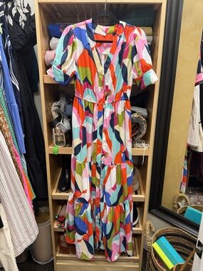 Ces Femme Multicolor Abstract Tiered Maxi Dress - Pink, Blue, Green, Orange